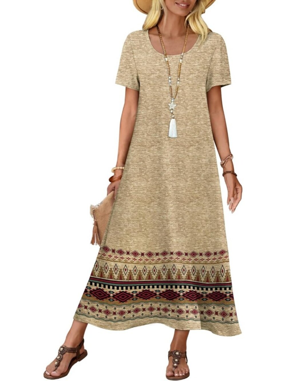 Women Dress Midi Beige Polyester Crew Neck Short Sleeve Lightweight  Summer